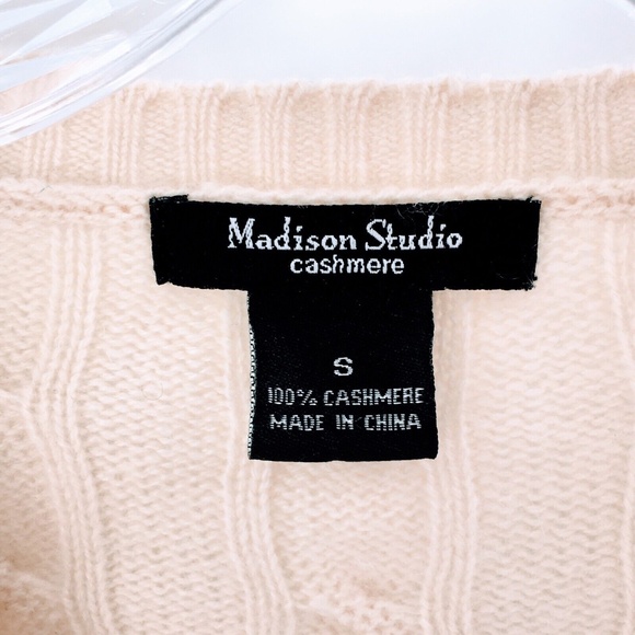 Womens Cashmere Cable Knit Sweater Madison Studios Ivory V Neck Pullover Sz S - Picture 8 of 9